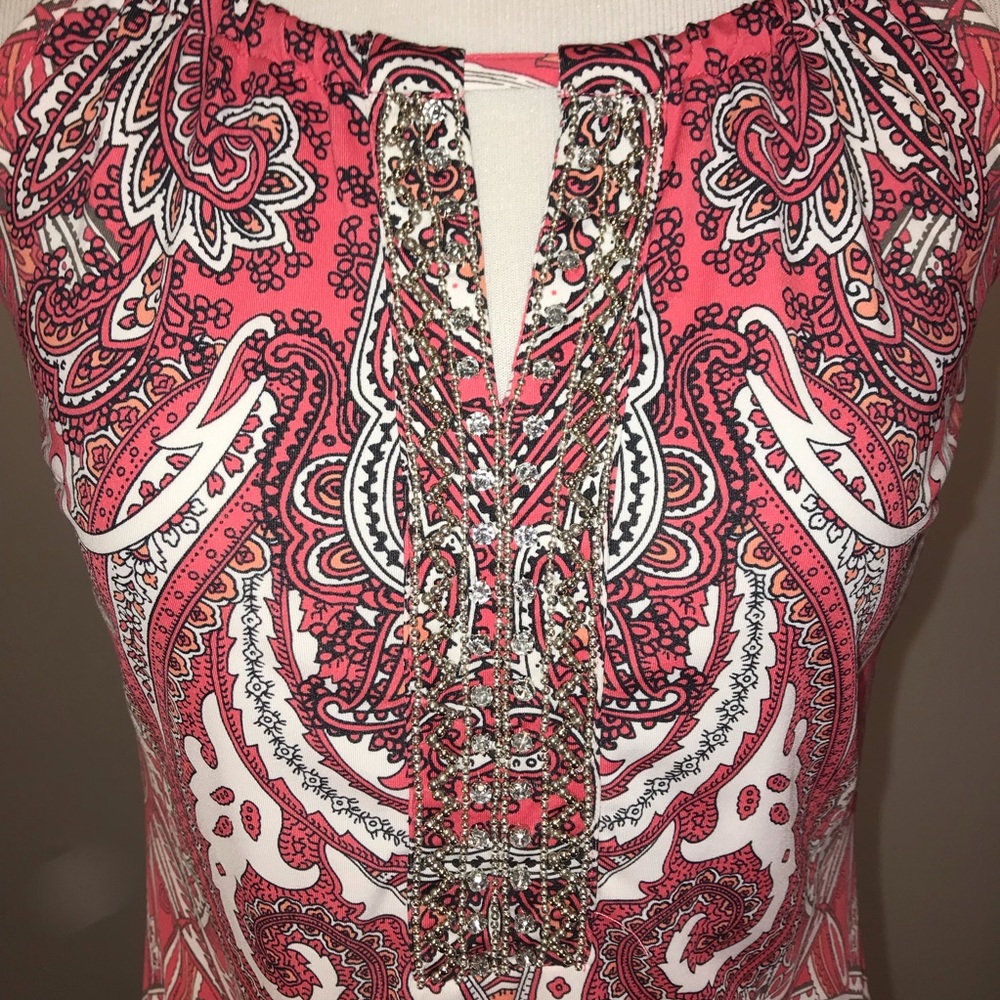 INC Coral Paisley Dress With Jeweled Front - Picture 6 of 6